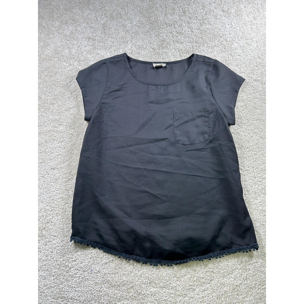 LA Hearts Shirt Womens Small Black Short Sleeve Pocket Pom Trim Blouse Top